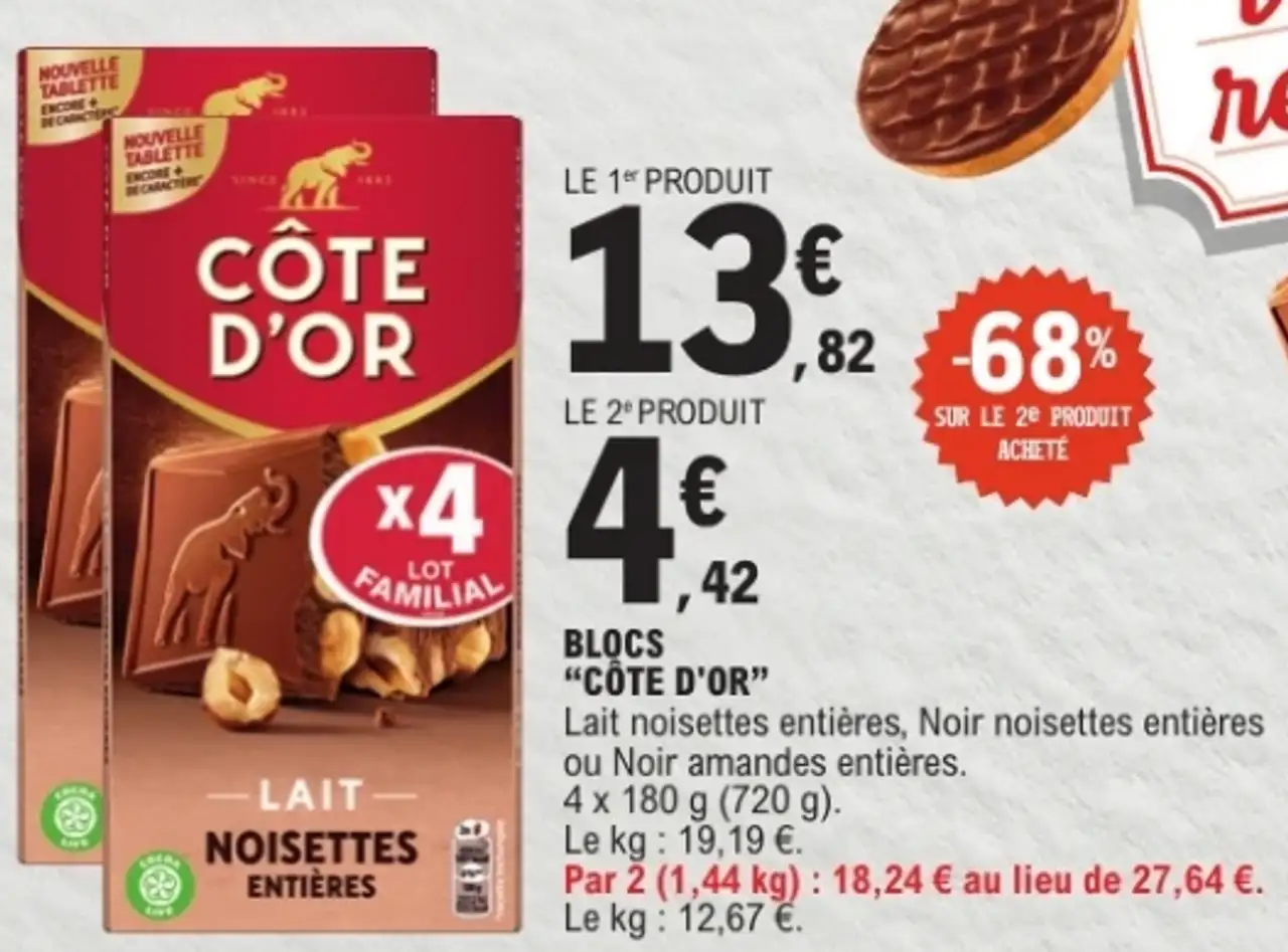 Blocs "CÔTE D'OR" Lait noisettes entières, Noir noisettes entières ou Noir amandes entières