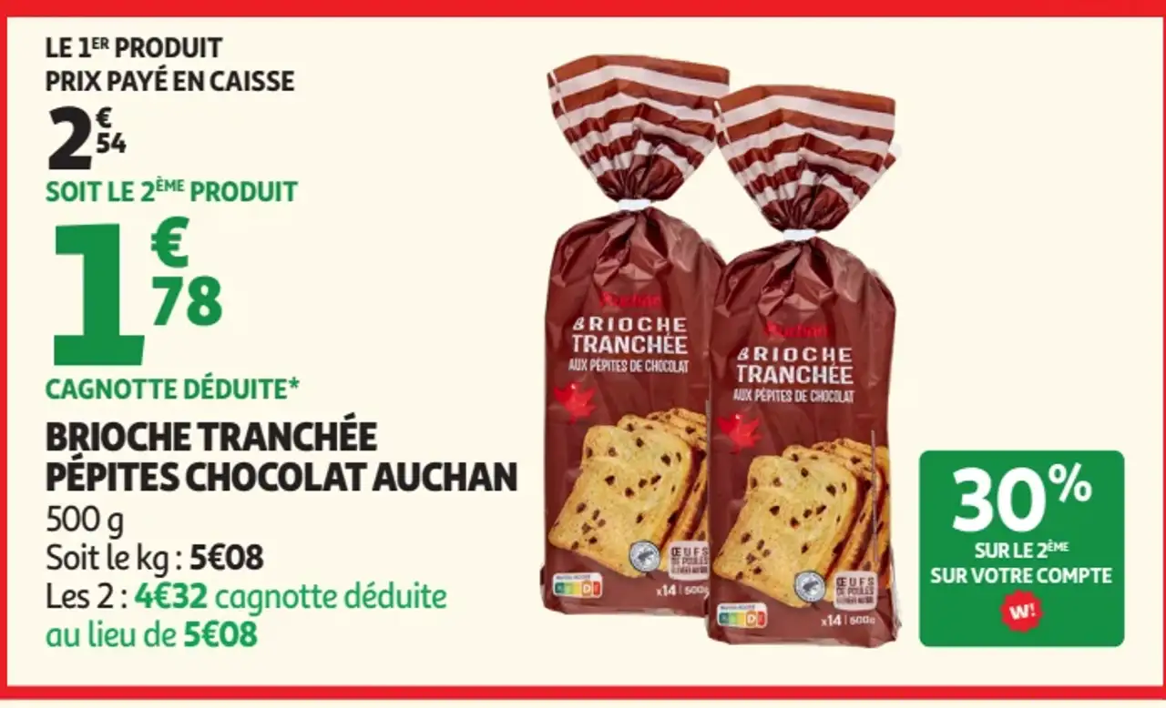Brioche tranchée pépites chocolat Auchan