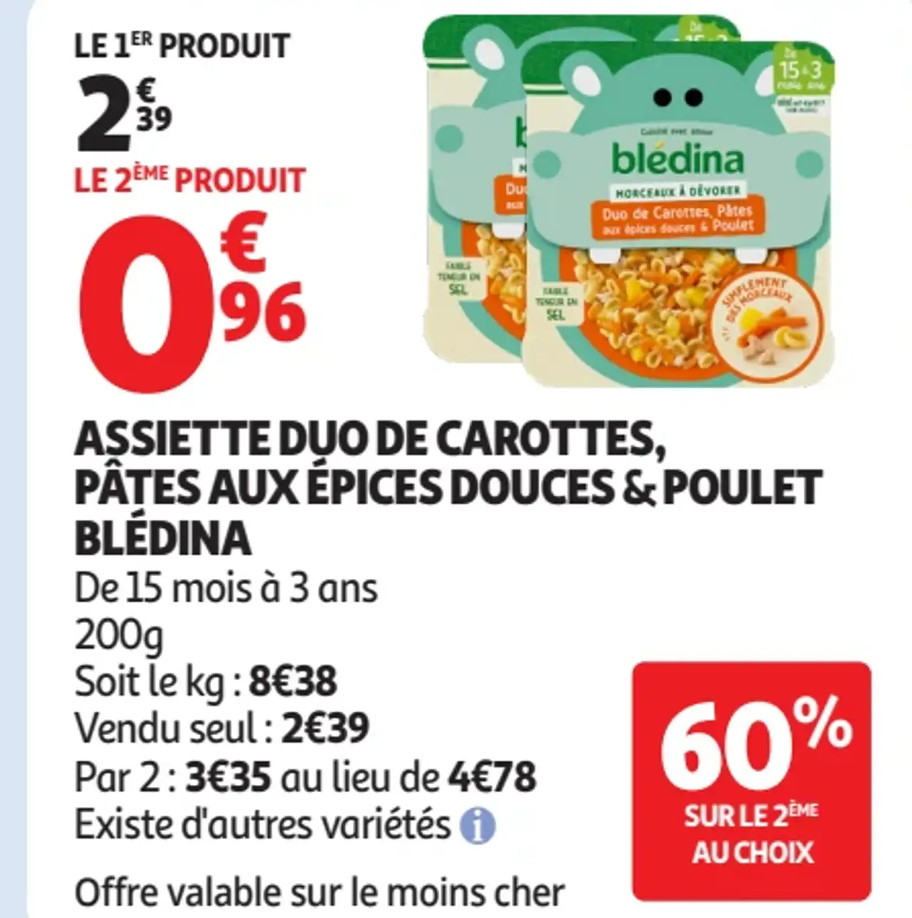 Assiette duo de carottes, pâtes aux épices douces & poulet Blédina
