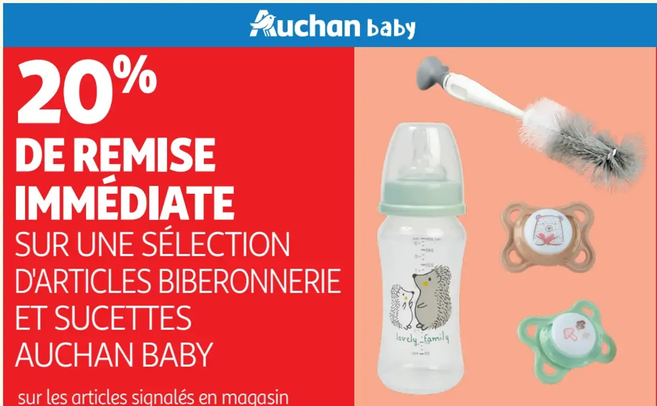 Une sélection d'articles biberonnerie et sucettes Auchan baby