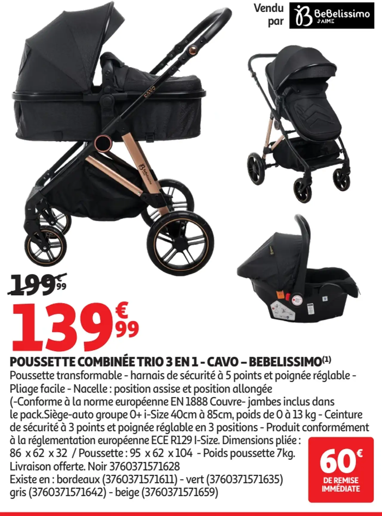 Poussette combinée trio 3 en 1 - Cavo - Bebelissimo