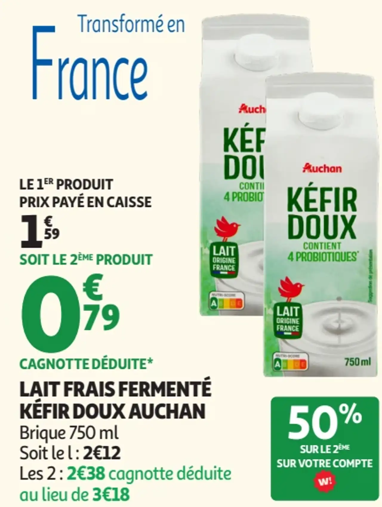 Lait Frais Fermenté Kéfir Doux Auchan