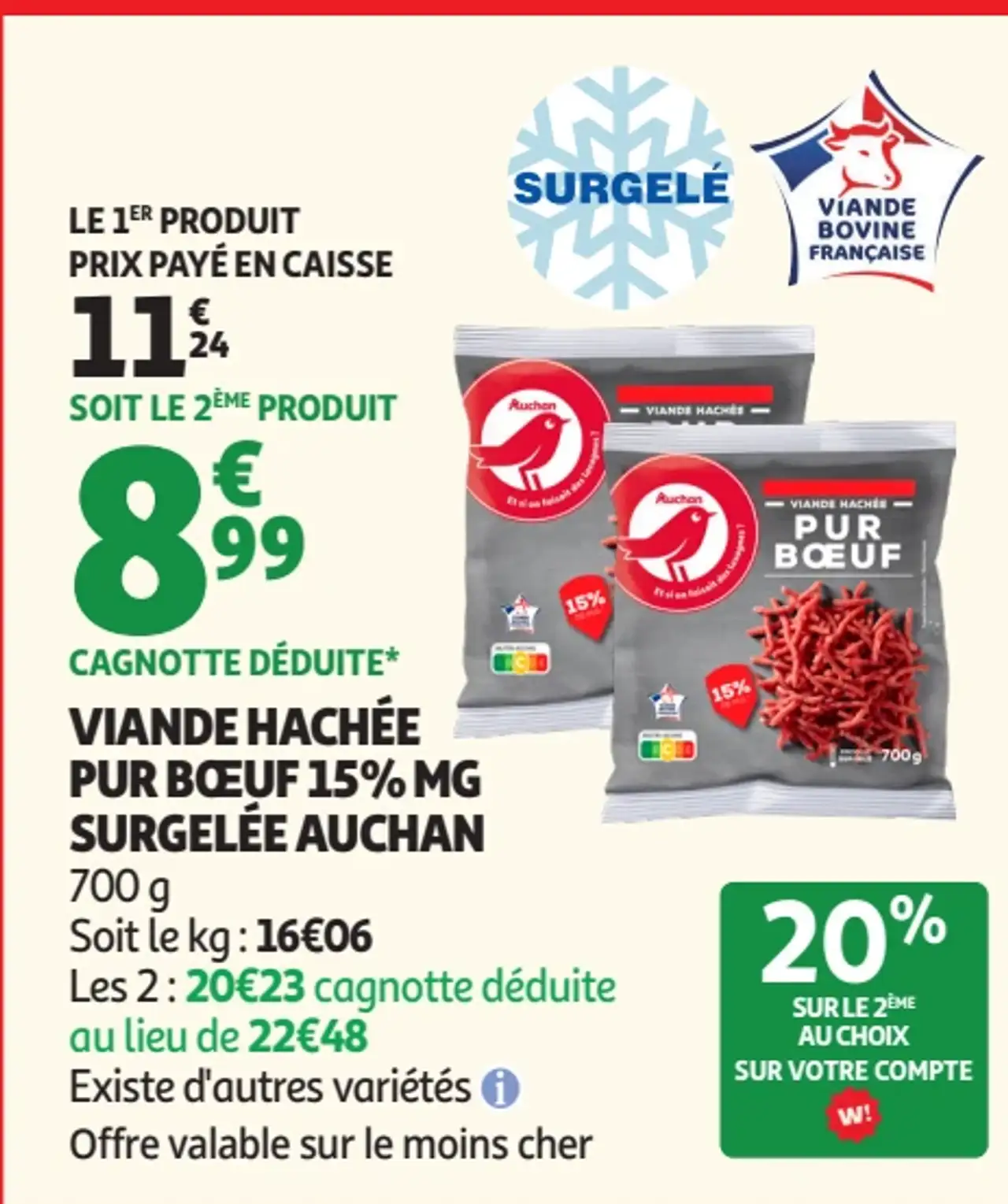 Viande hachée pur bœuf 15% MG surgelée Auchan