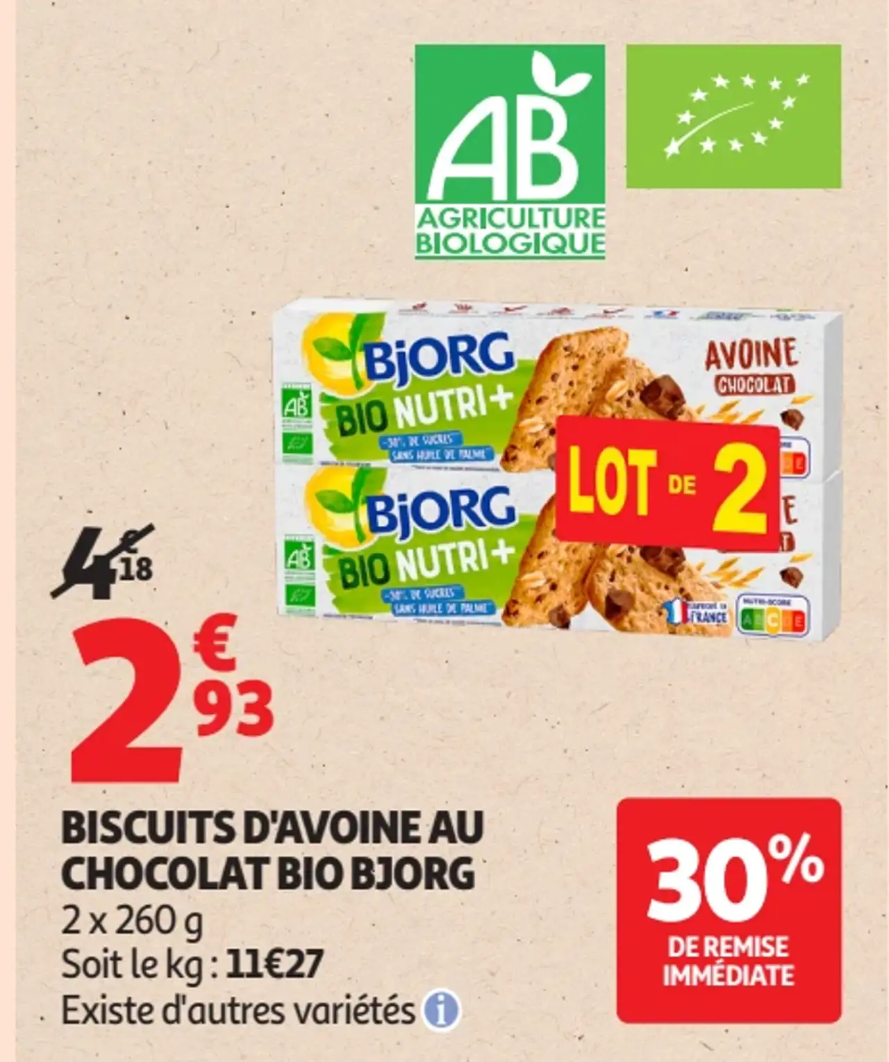 Biscuits d'avoine au chocolat bio Bjorg Bio Nutri+