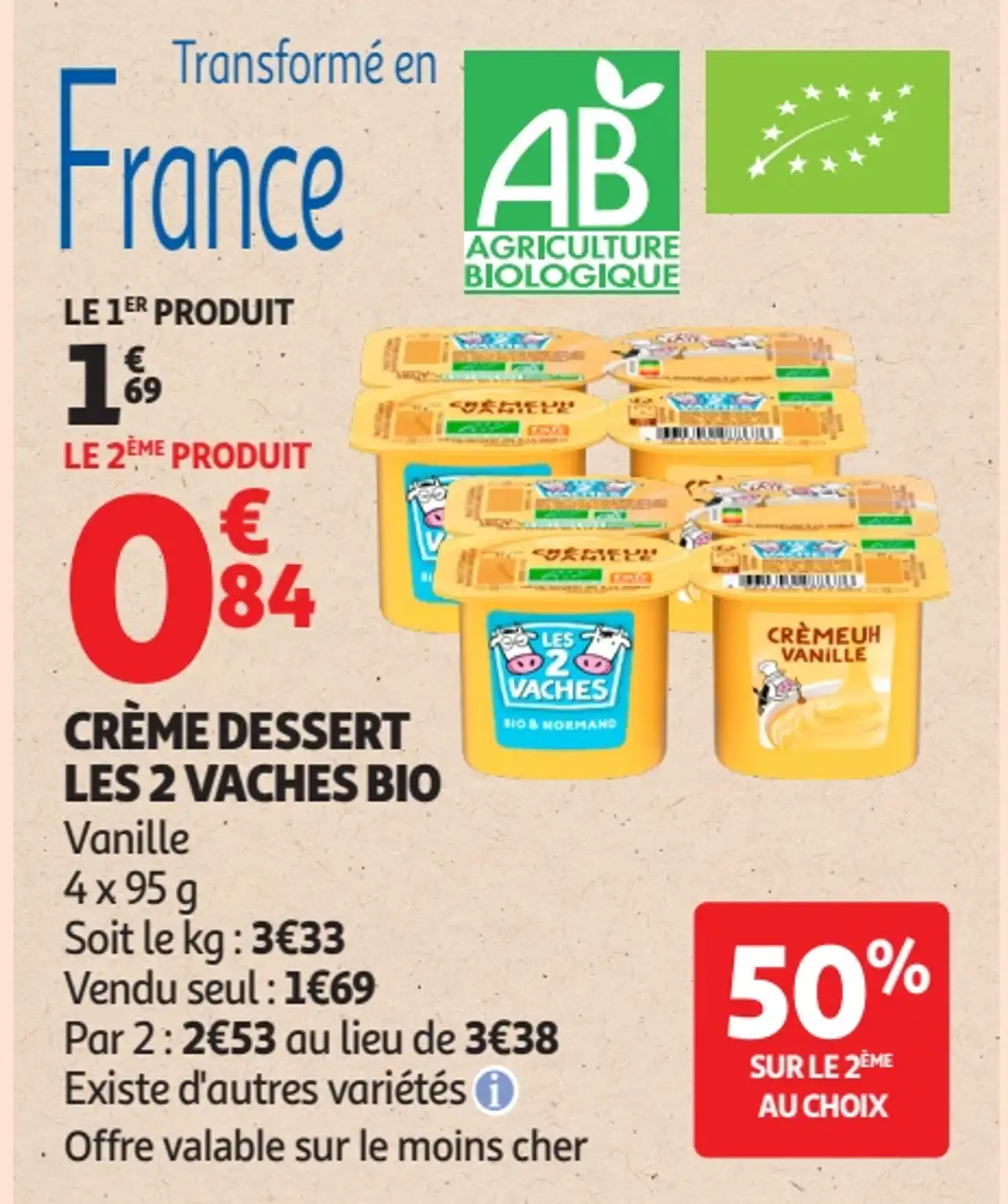 Crème dessert Les 2 Vaches bio Vanille