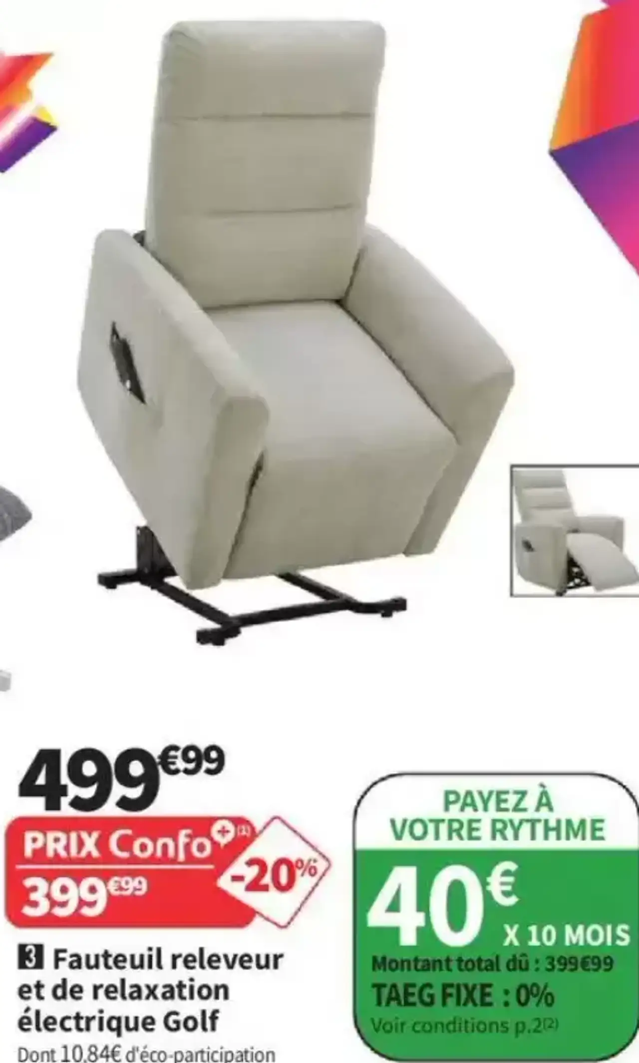 Fauteuil releveur et de relaxation électrique Golf