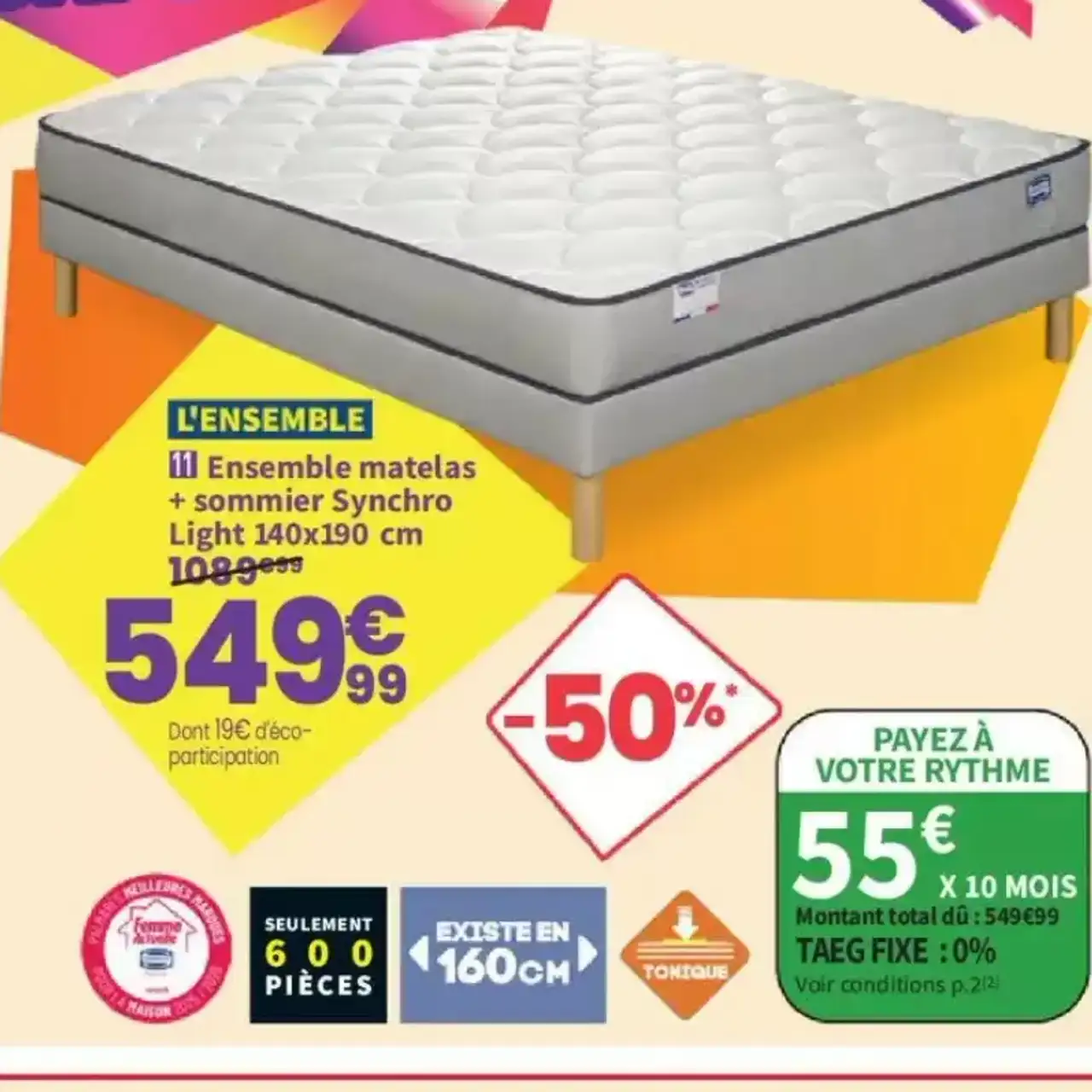 Ensemble matelas + sommier Synchro Light 140x190 cm