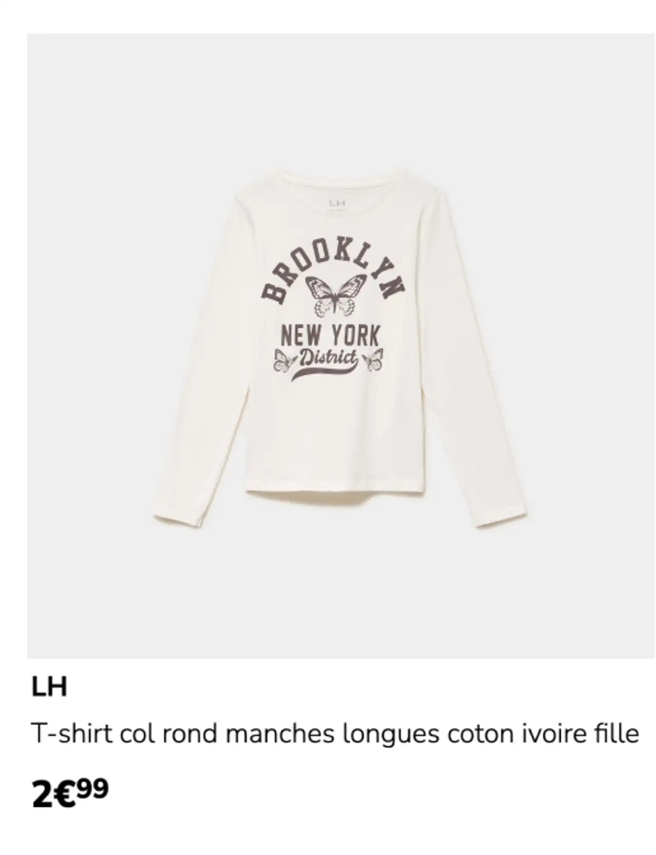 LH T-shirt col rond manches longues coton ivoire fille