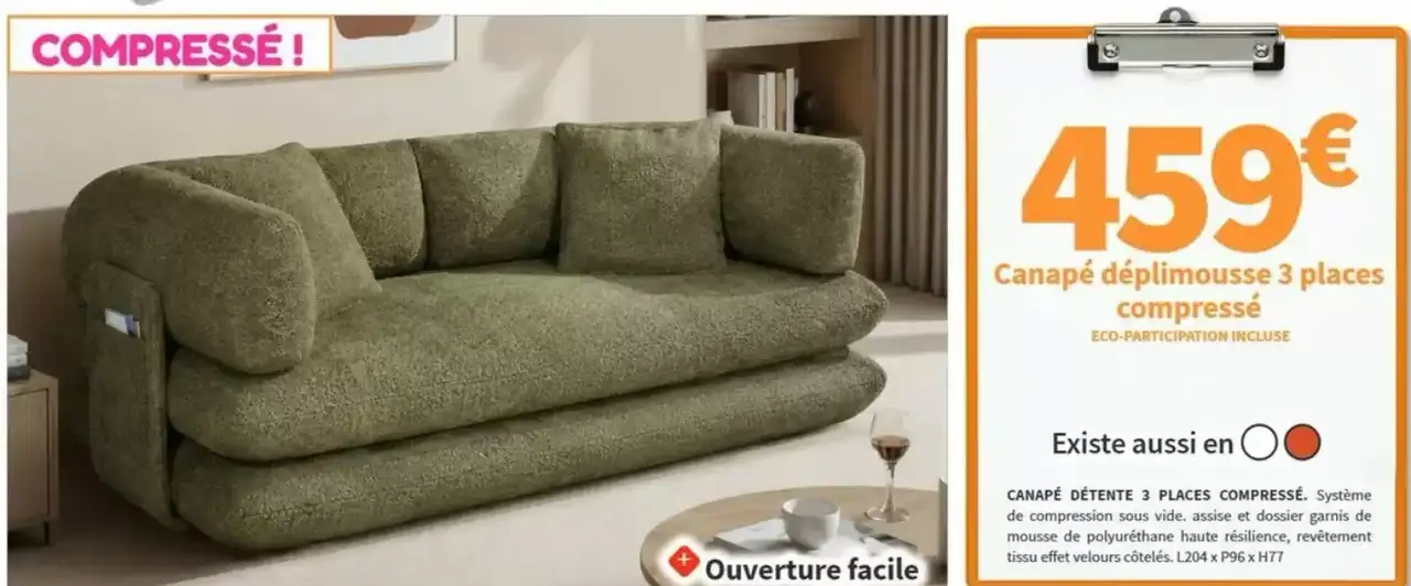 Canapé déplimousse 3 places compressé Conforama