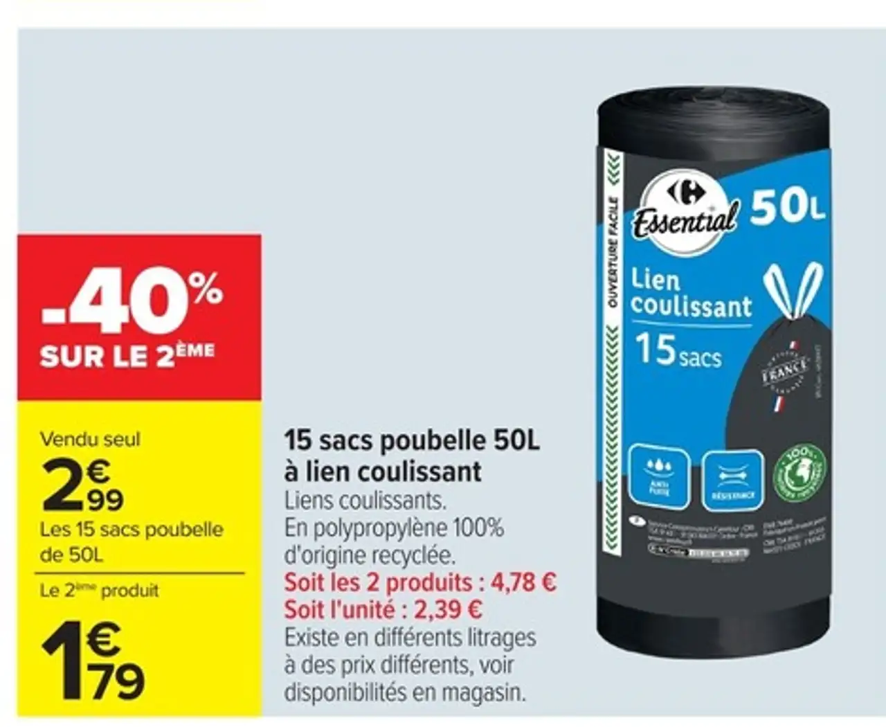 15 sacs poubelle 50L à lien coulissant Essential