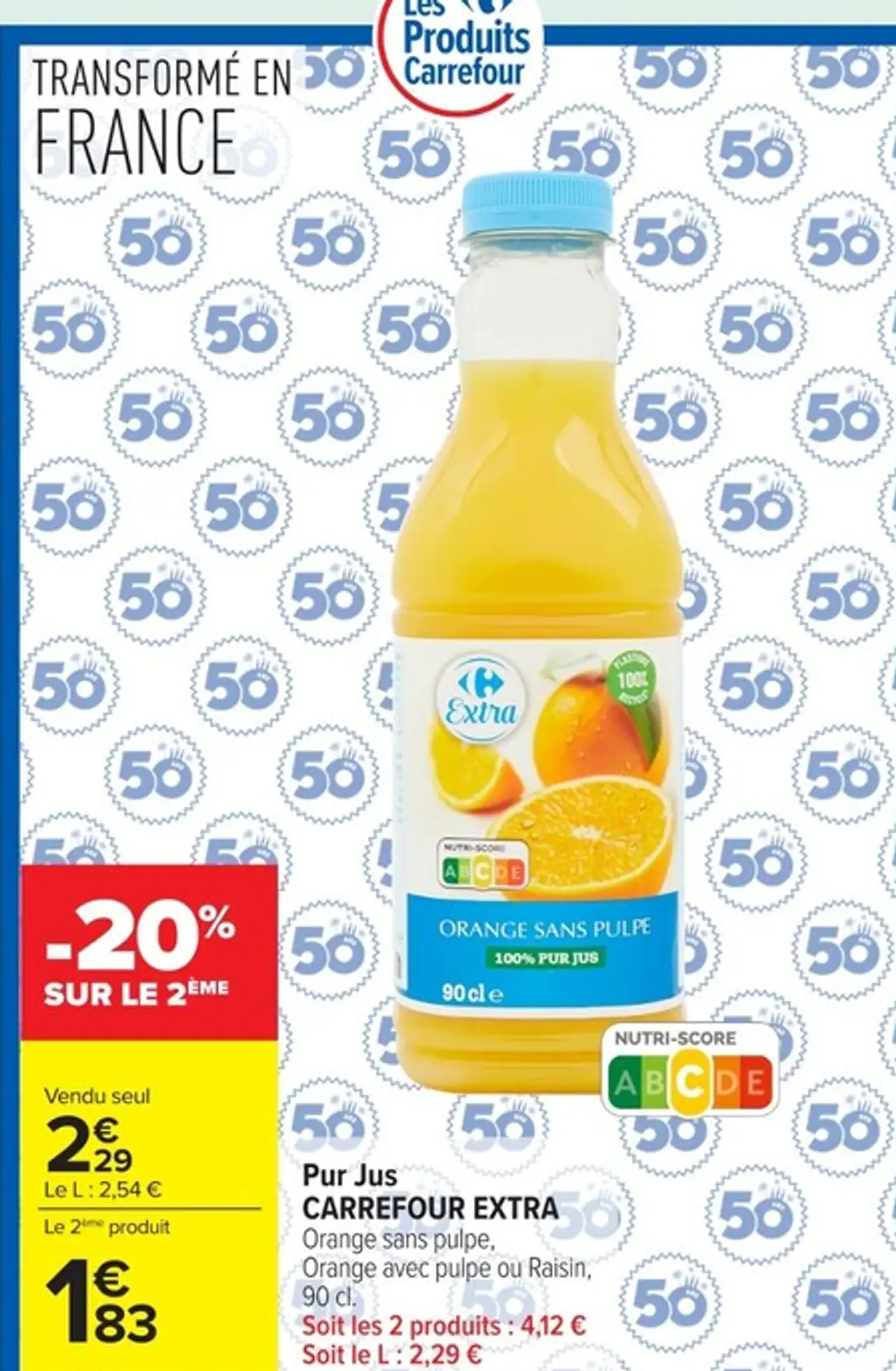 Pur Jus CARREFOUR EXTRA Orange sans pulpe, Orange avec pulpe ou Raisin