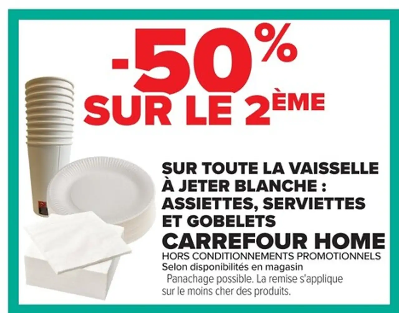 Toute la vaisselle à jeter blanche: assiettes, serviettes et gobelets Carrefour Home