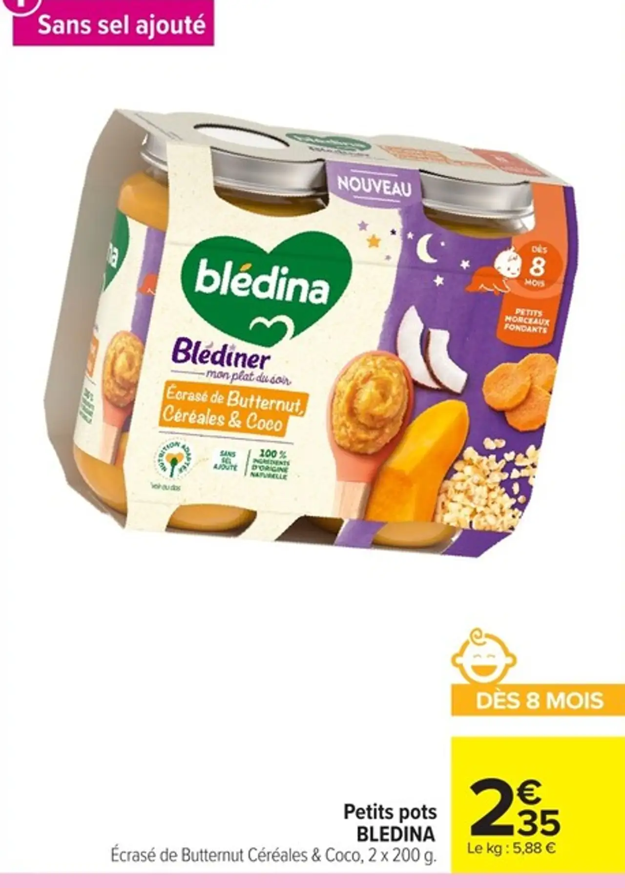 Petits pots BLEDINA Écrasé de Butternut Céréales & Coco, 2 x 200 g.