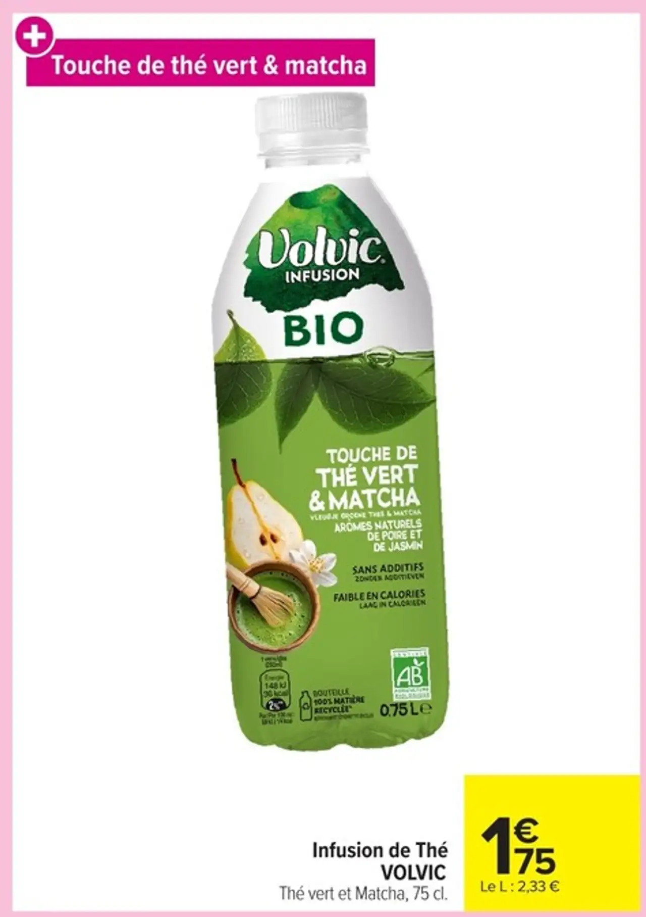 Infusion de Thé VOLVIC Thé vert et Matcha, 75 cl.