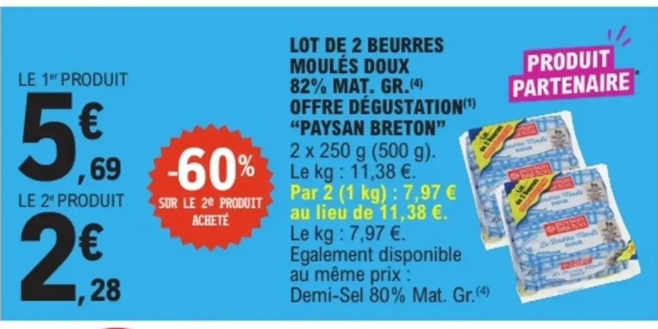 Lot de 2 beurres moulés doux 82% mat. gr. "Paysan Breton"
