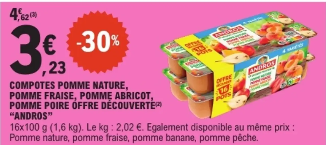Compotes Pomme Nature, Pomme Fraise, Pomme Abricot, Pomme Poire Offre Découverte "Andros"