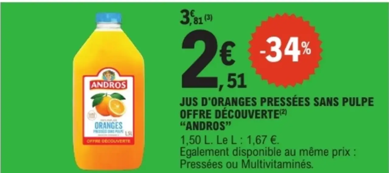 Jus d'oranges pressées sans pulpe Offre Découverte "Andros"