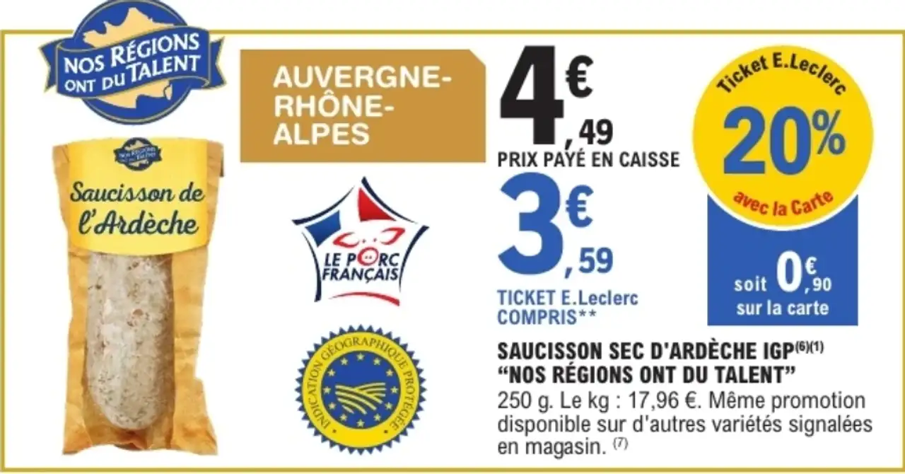 Saucisson Sec d'Ardèche IGP "Nos Régions ont du Talent"