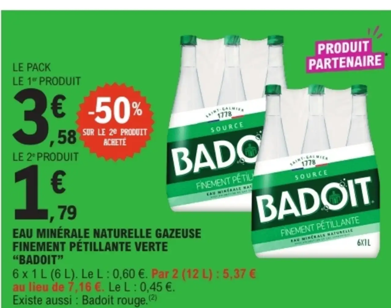 Eau minérale naturelle gazeuse finement pétillante verte Badoit