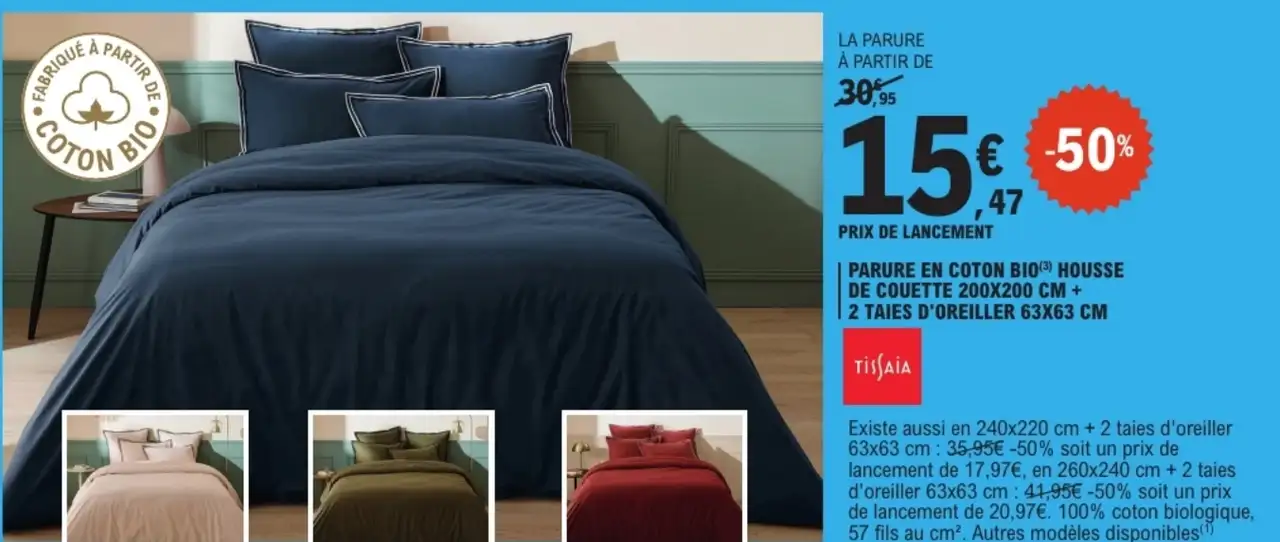 Parure en coton bio housse de couette 200x200 cm + 2 taies d'oreiller 63x63 cm Tissaia