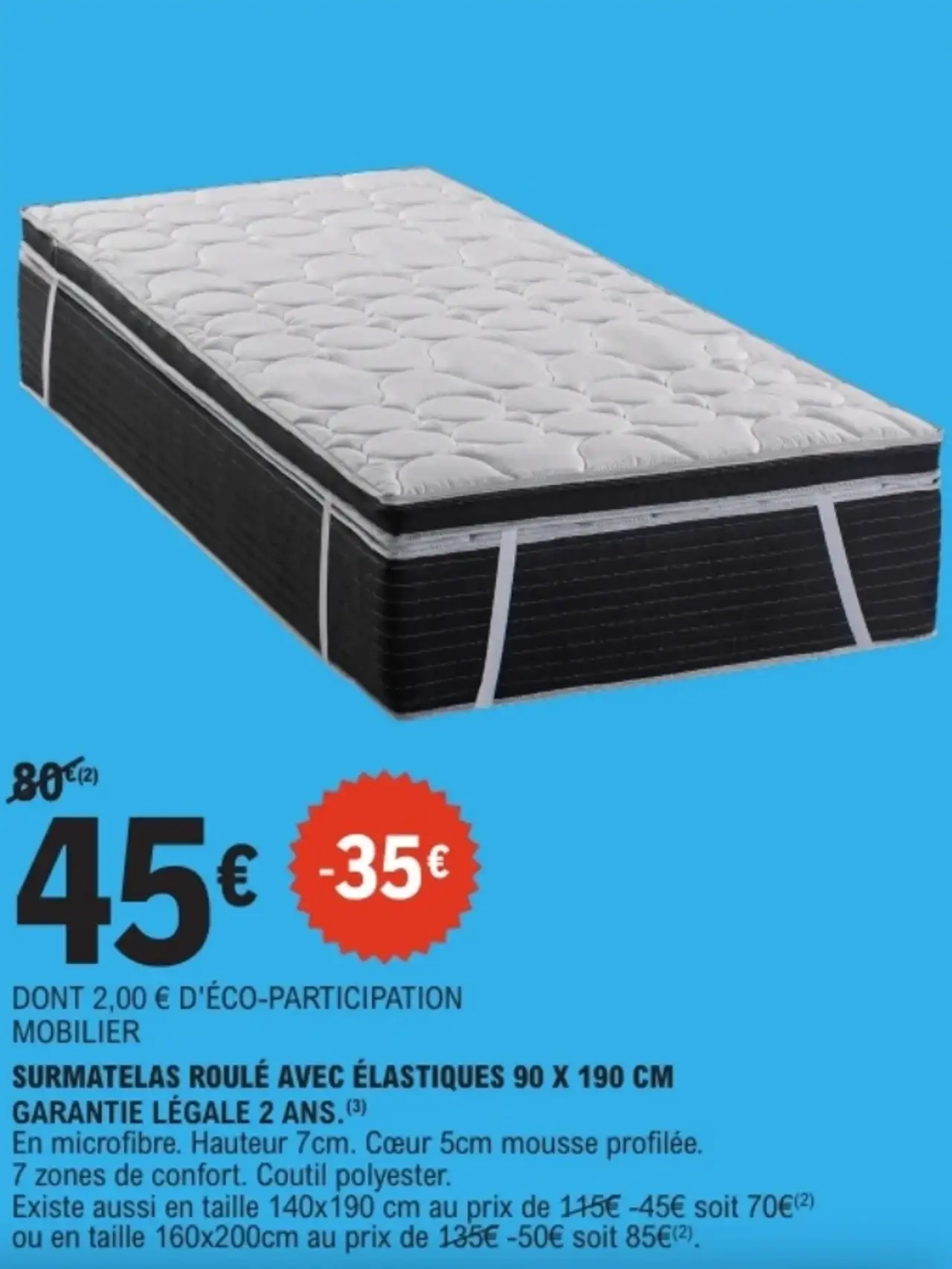 Surmatelas roulé avec élastiques 90 x 190 cm