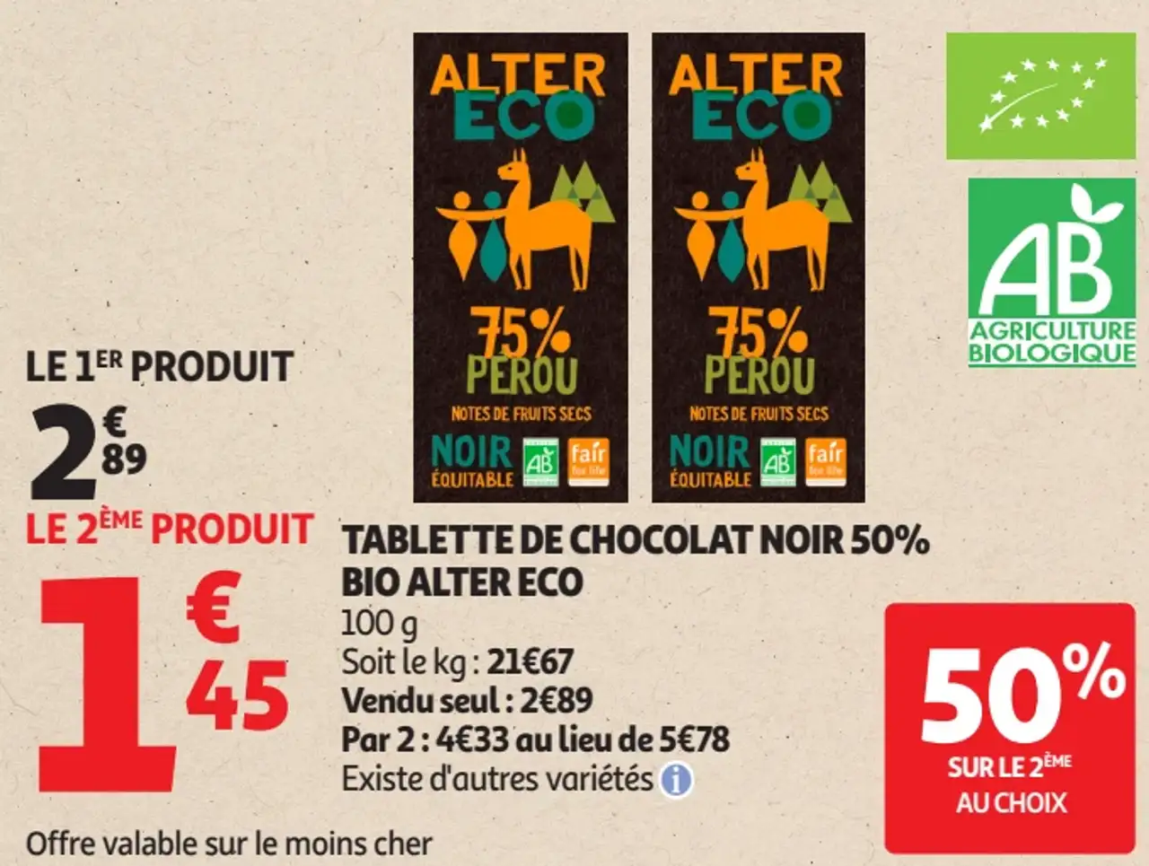 Tablette de chocolat noir 50% bio Alter Eco