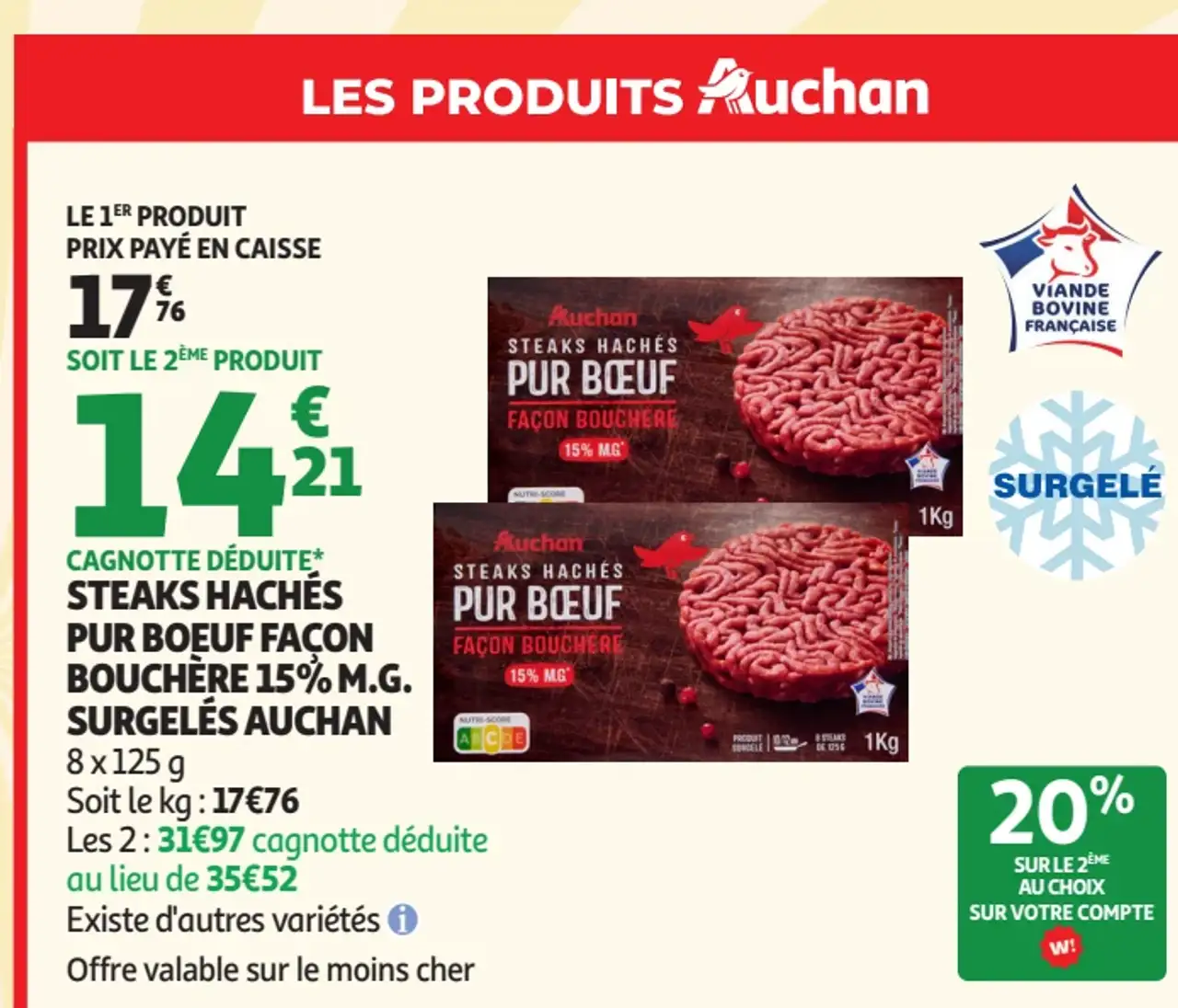 Steaks hachés pur bœuf façon bouchère 15% M.G. surgelés Auchan