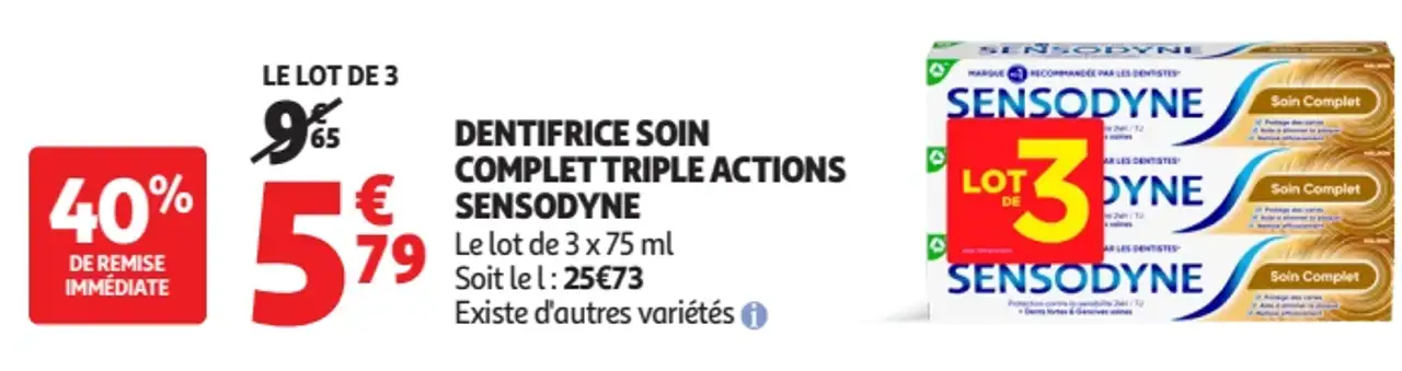 Dentifrice Soin Complet Triple Actions Sensodyne Lot de 3