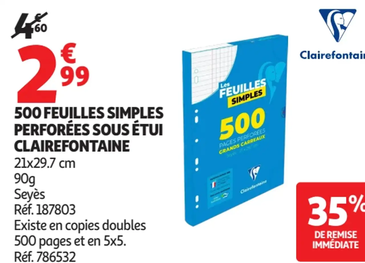 500 FEUILLES SIMPLES PERFORÉES SOUS ÉTUI CLAIREFONTAINE