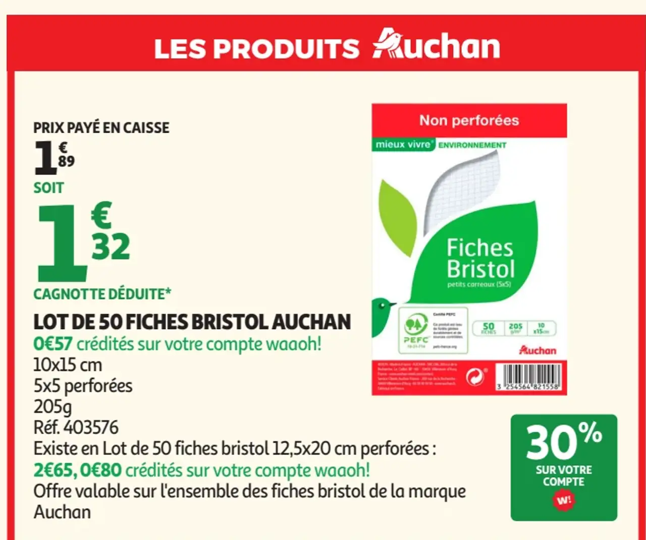 Lot de 50 fiches bristol Auchan
