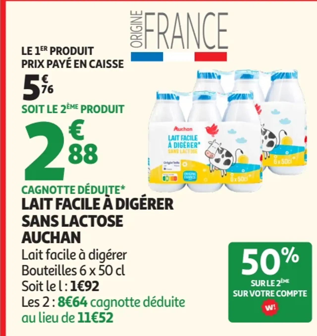 Lait facile à digérer sans lactose Auchan