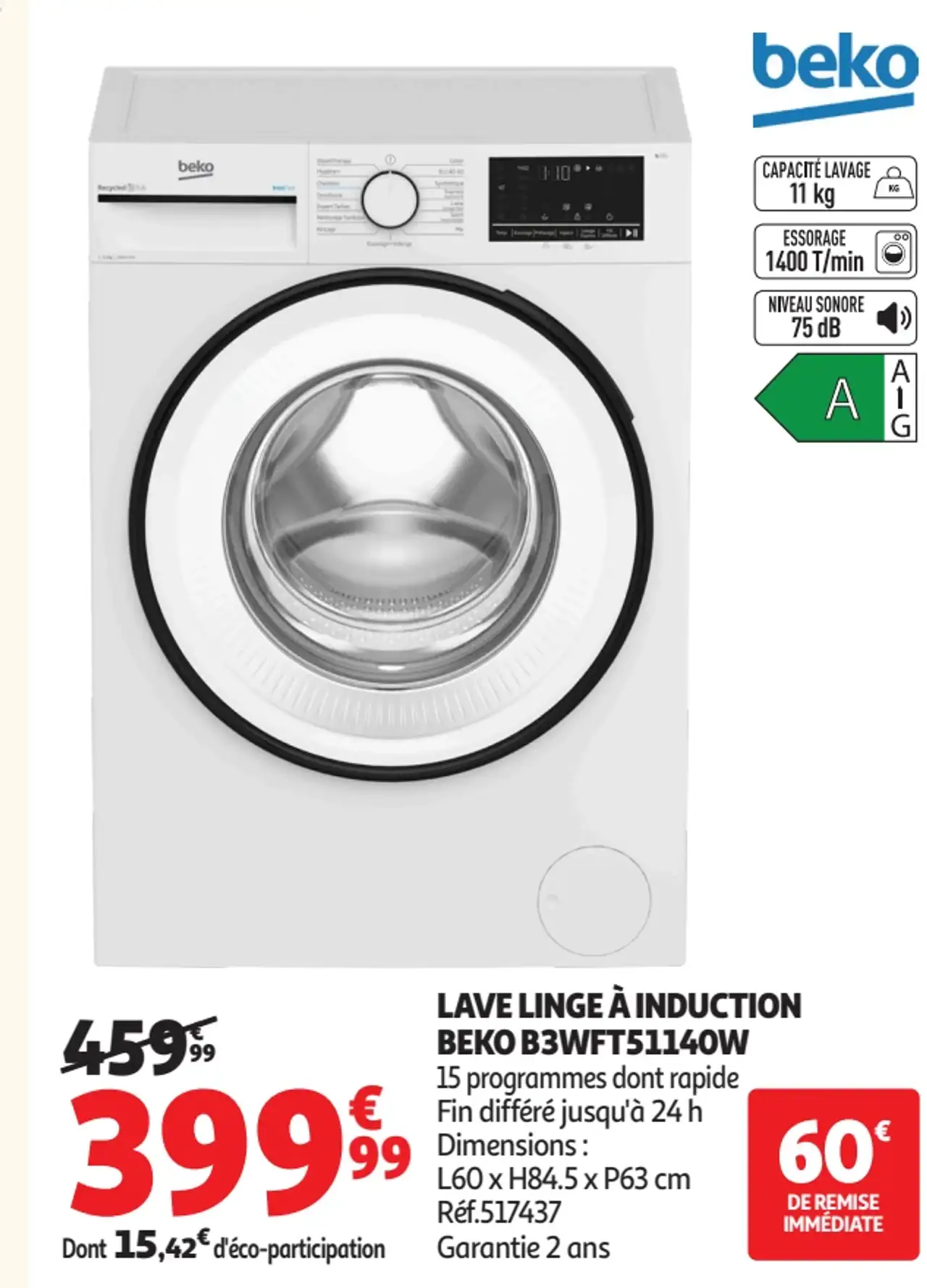 Lave Linge à induction Beko B3WFT51140W