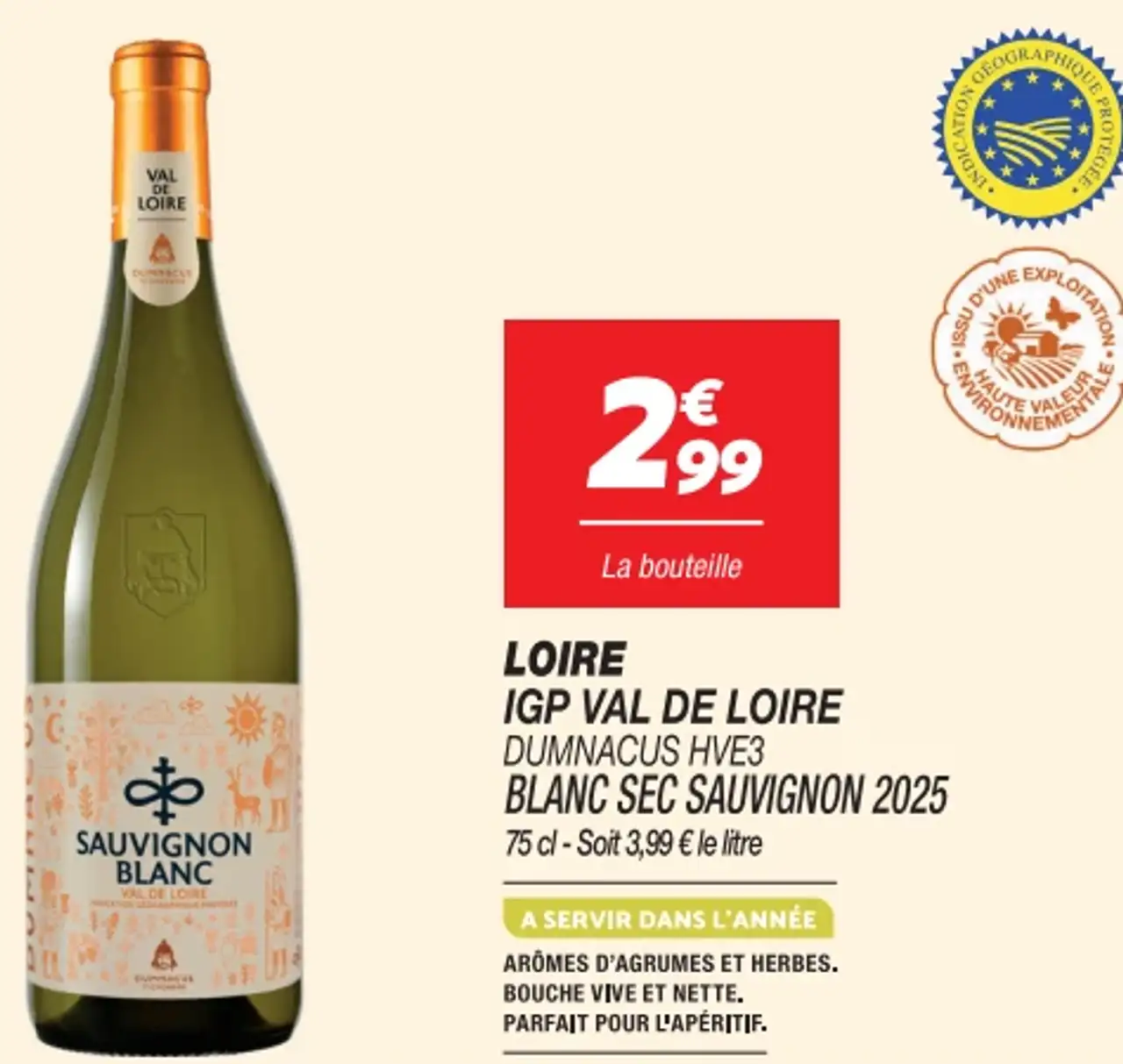 IGP Val de Loire Blanc Sec Sauvignon 2025 Dumnacus HVE3