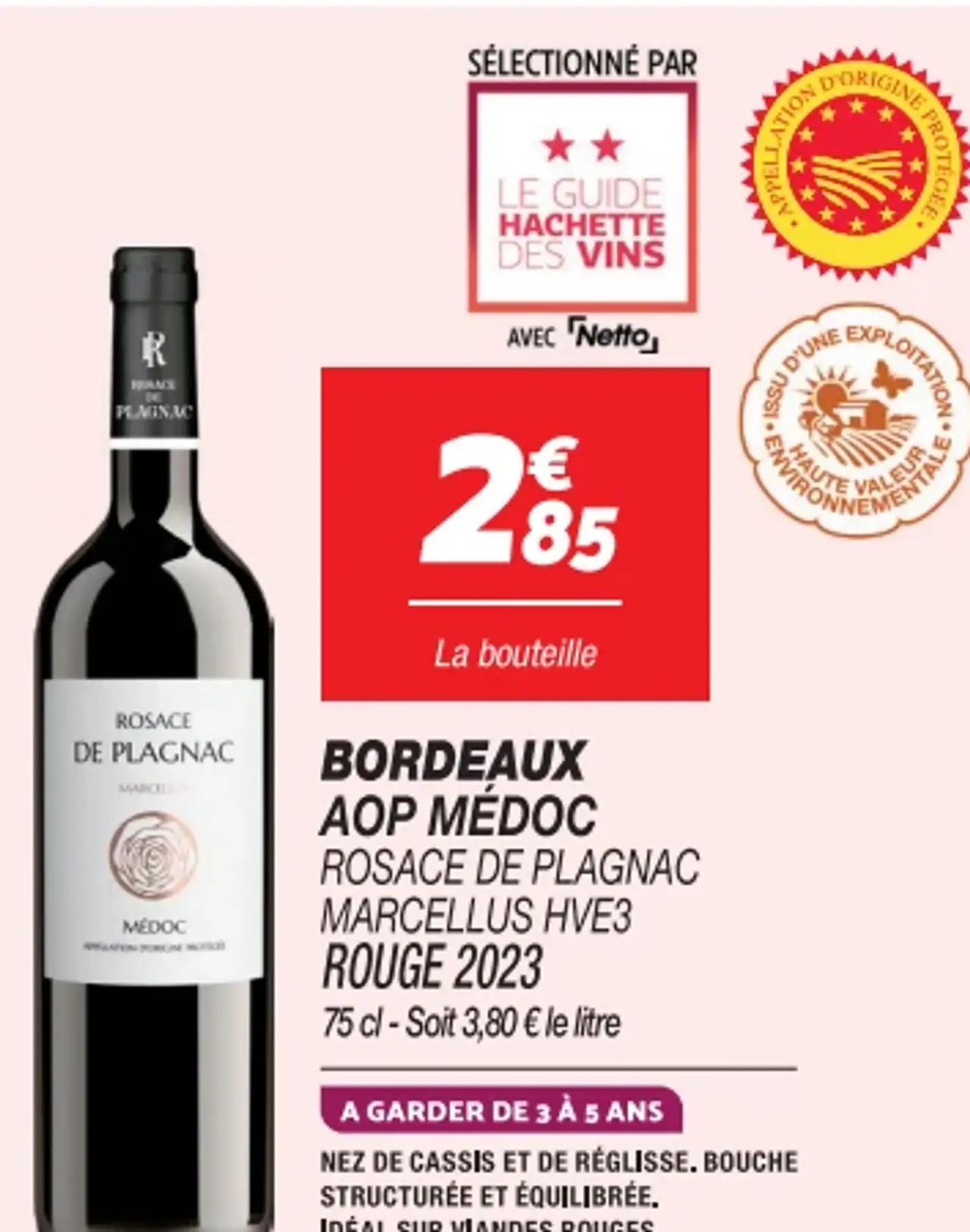 Bordeaux AOP Médoc Rosace de Plagnac Marcellus HVE3 Rouge 2023