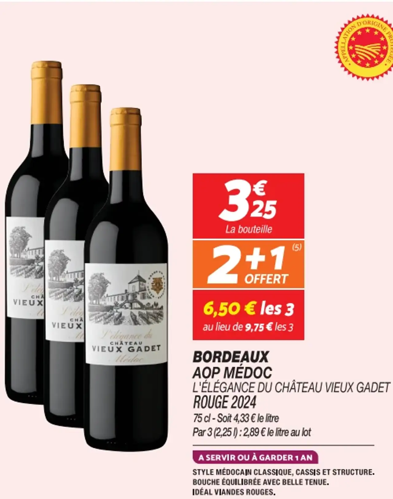 Vin rouge Bordeaux AOP Médoc L'Élégance du Château Vieux Gadet Rouge 2024