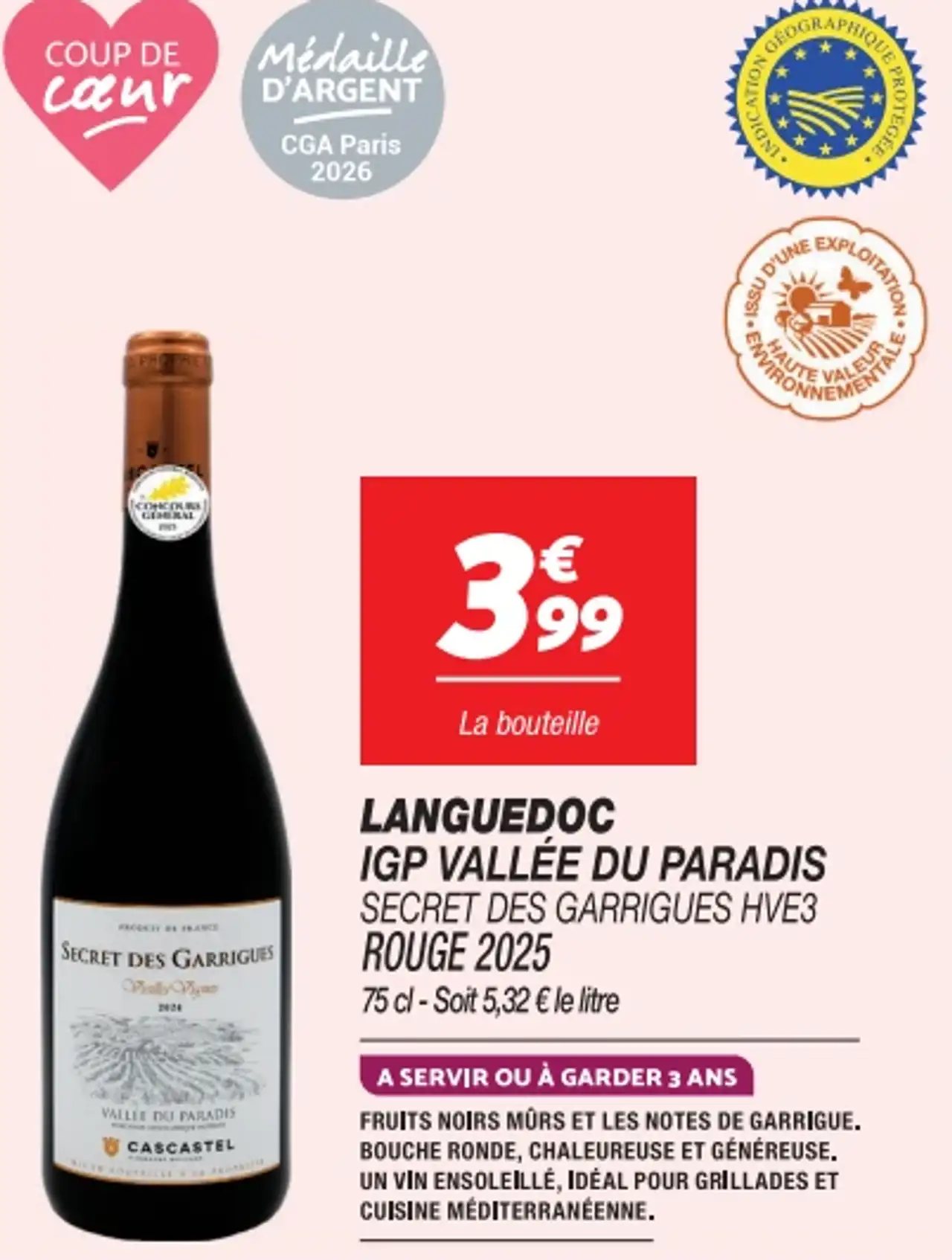 LANGUEDOC IGP VALLÉE DU PARADIS SECRET DES GARRIGUES HVE3 ROUGE 2025
