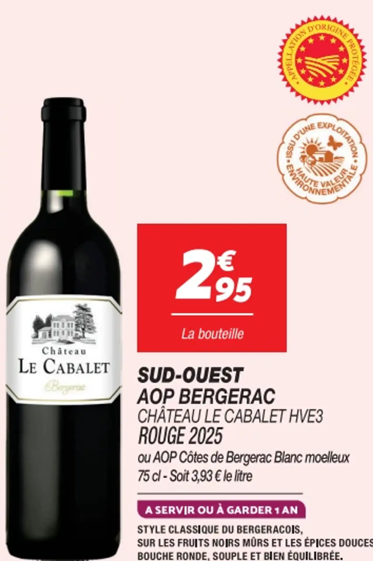 Sud-Ouest AOP Bergerac Château Le Cabalet HVE3 Rouge 2025
