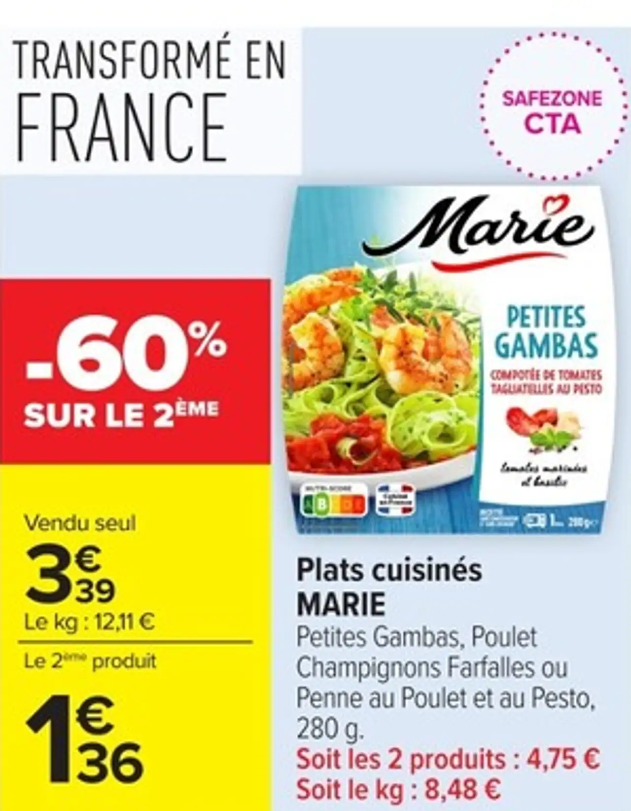 Plats cuisinés MARIE Petites Gambas, Poulet Champignons Farfalles ou Penne au Poulet et au Pesto