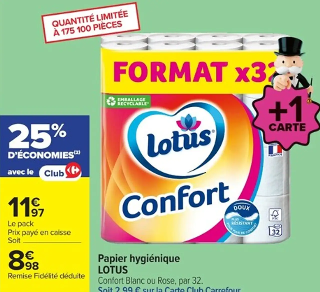 Papier hygiénique LOTUS Confort Blanc ou Rose, par 32