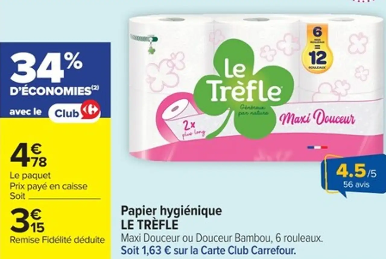 Papier hygiénique LE TRÈFLE Maxi Douceur ou Douceur Bambou