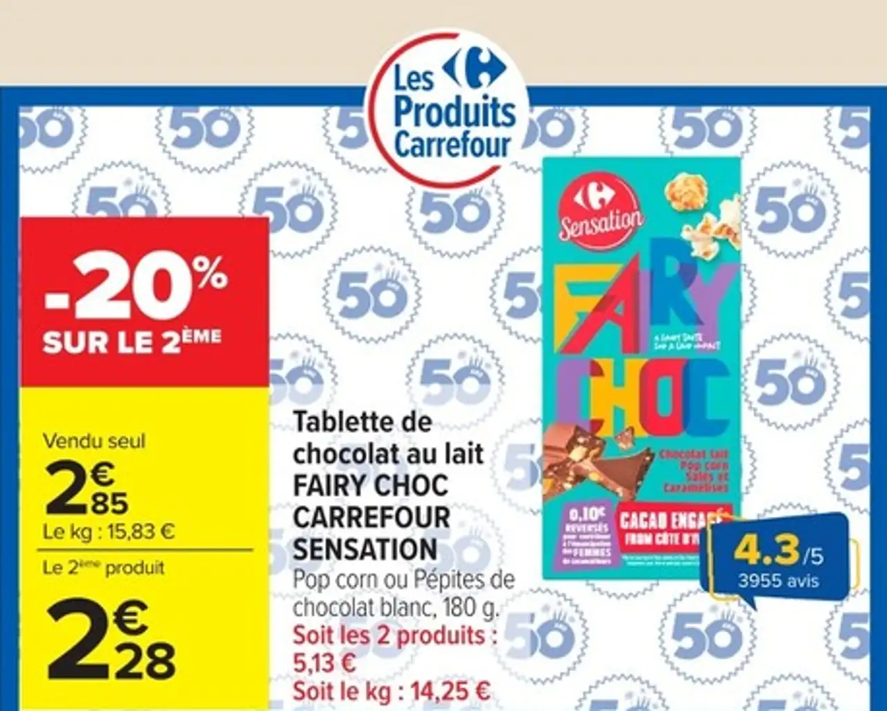 Tablette de chocolat au lait FAIRY CHOC CARREFOUR SENSATION