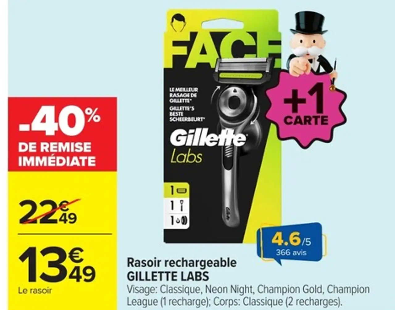 Rasoir rechargeable GILLETTE LABS Visage: Classique, Neon Night, Champion Gold, Champion League