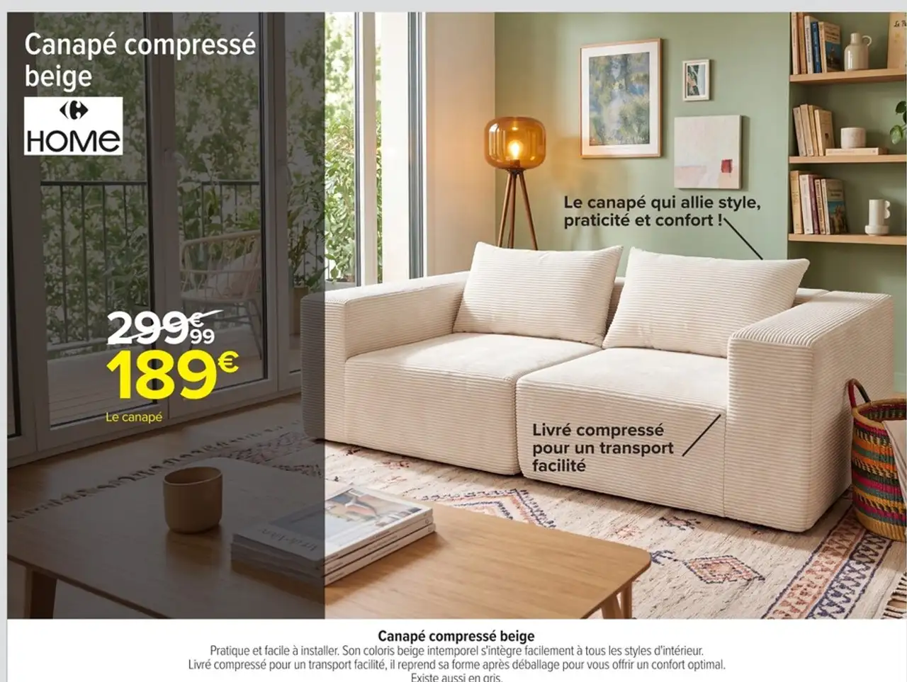 Canapé compressé beige Carrefour Home