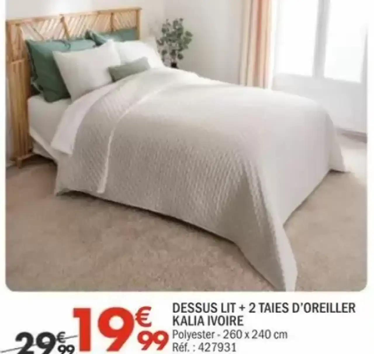 Dessus Lit + 2 Taies d'Oreiller Kalia Ivoire