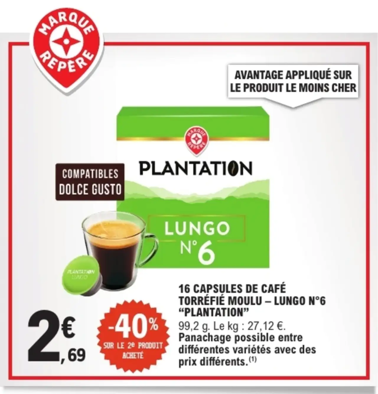 16 capsules de café torréfié moulu Lungo N°6 Plantation