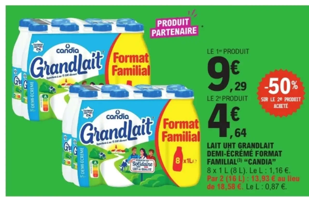 Lait uht Grandlait demi-écrémé format familial Candia