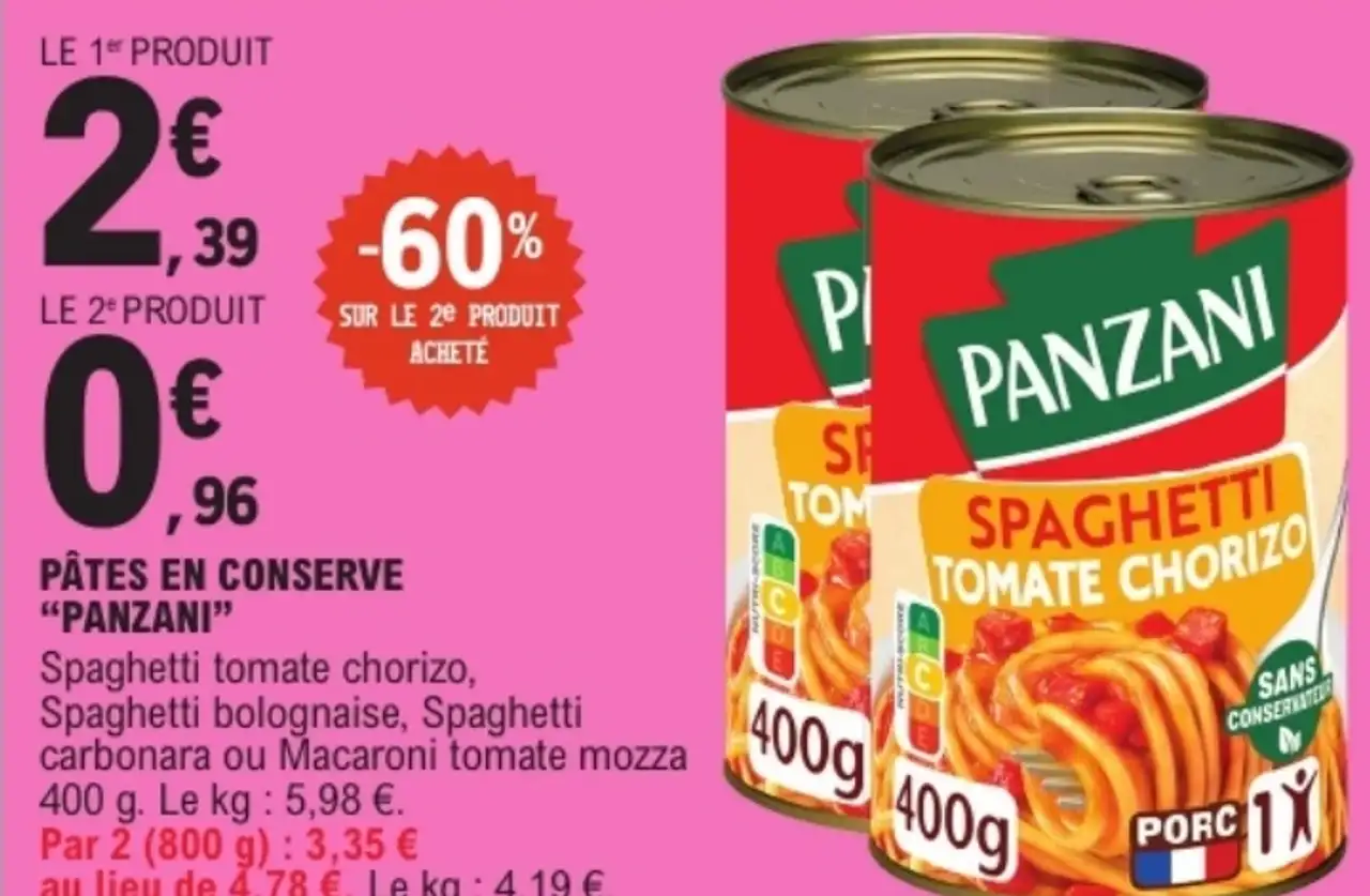 Pâtes en conserve "Panzani" (Spaghetti tomate chorizo, Spaghetti bolognaise, Spaghetti carbonara ou Macaroni tomate mozza)