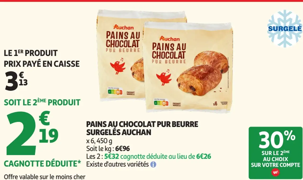 Pains au chocolat pur beurre surgelés Auchan