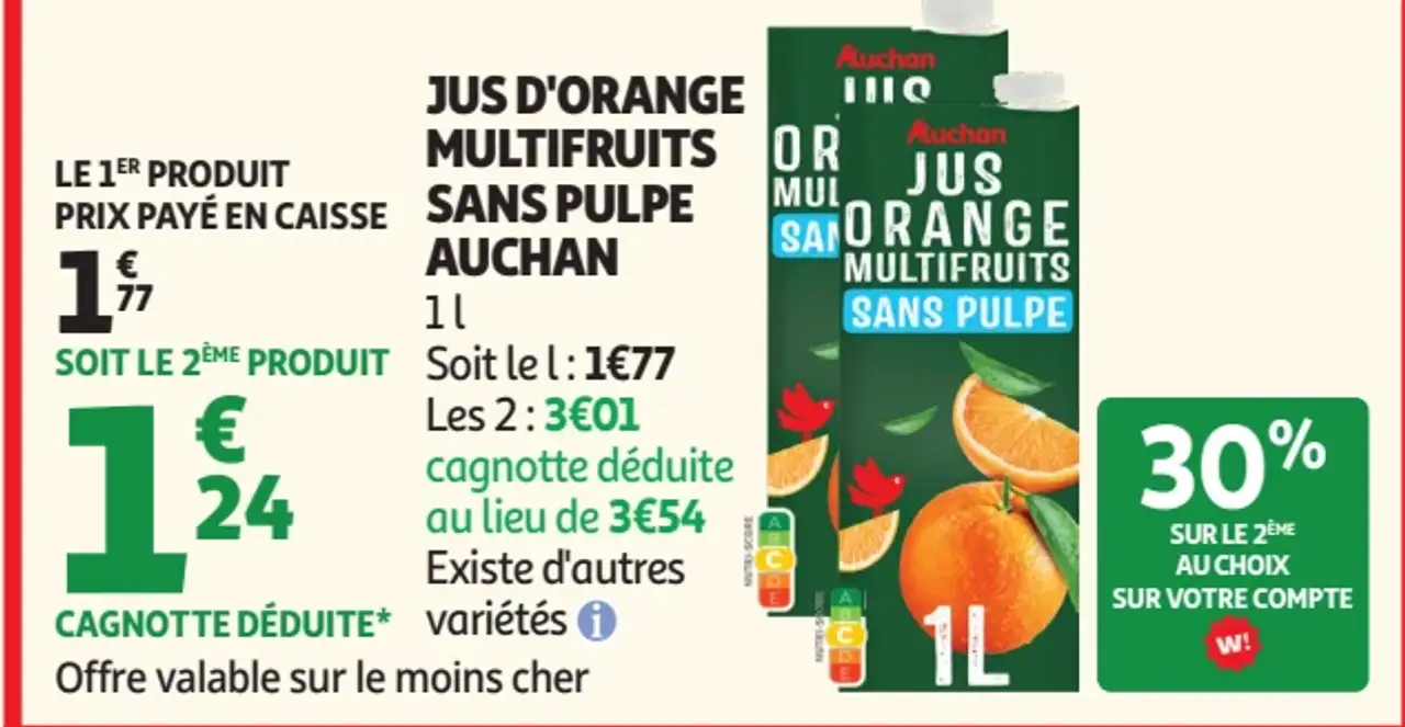 JUS D'ORANGE MULTIFRUITS SANS PULPE AUCHAN
