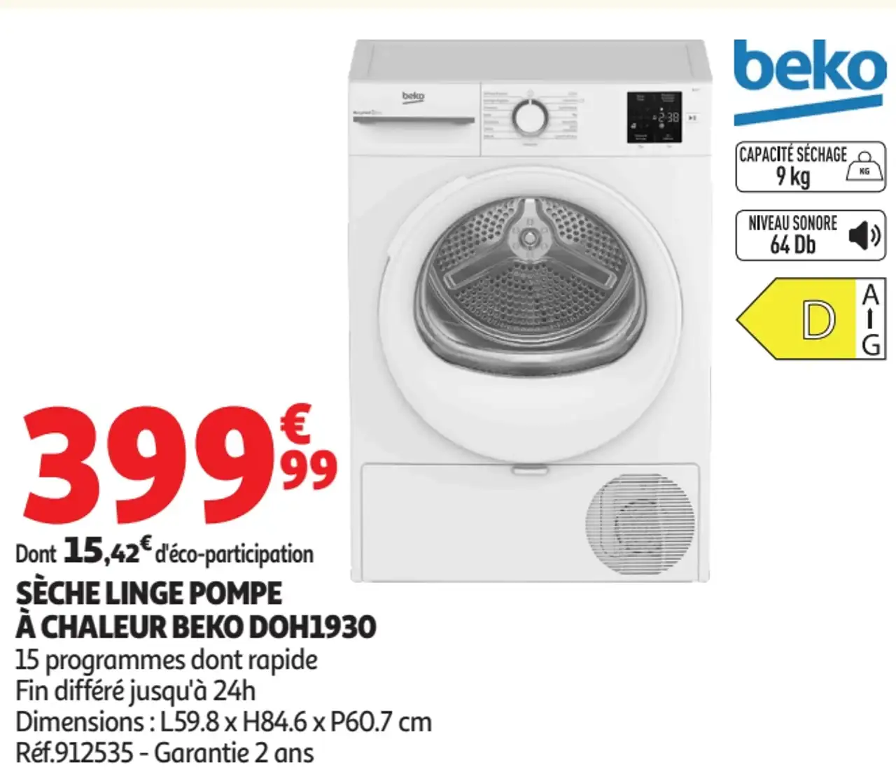 Sèche linge pompe à chaleur Beko DOH1930